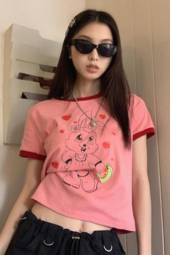 Real shot of retro comic rabbit love printed short-sleeved color matching design T-shirt fun top for women