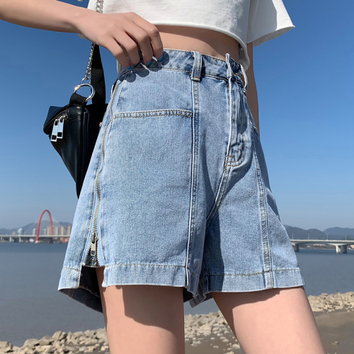 Real shot of fat mm high-waisted Li Xiaosha zipper denim shorts for women summer large size loose slimming leg-lengthening hot pants