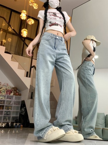 European spring new style crystal hot diamond sparkling straight jeans floor-length pants with long legs for fashionable women