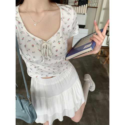 Real shot of summer new European and American style sexy big U-neck floral strap short-sleeved women's 2024 short shoulder T-shirt