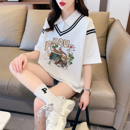 First real shot of twill pull-up fake two-piece short-sleeved T-shirt for women summer new loose top trendy brand quality