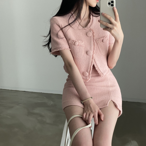 Korean ins pink girl romantic date tweed short top + hip-covering skirt two-piece suit
