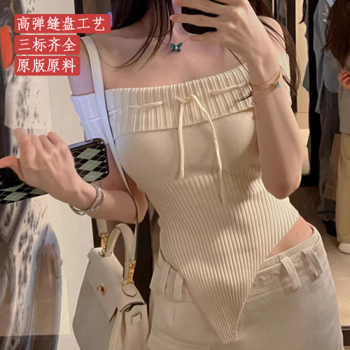 Complete three standards ~ 2024 new style gentle style slim knitted sweater short-sleeved one-shoulder knitted bottoming shirt top