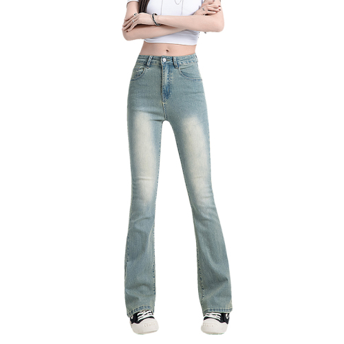 Light yellow mud-dyed elastic micro-flare jeans for women in spring, high-waisted, large size, fat mm, slimming, pear-shaped body long pants