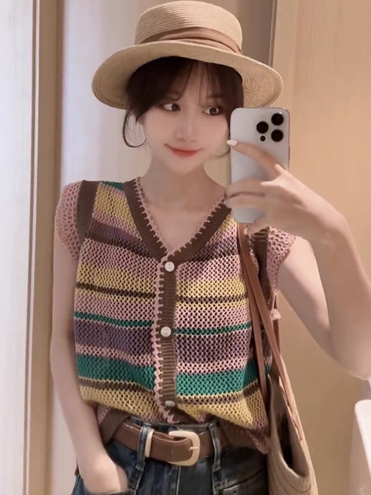 2024 summer new style dopamine V-neck colorful striped hollow cardigan top for women