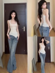 性感辣妹蕾絲拼接白色背心女修身顯瘦不規則別致百搭上衣