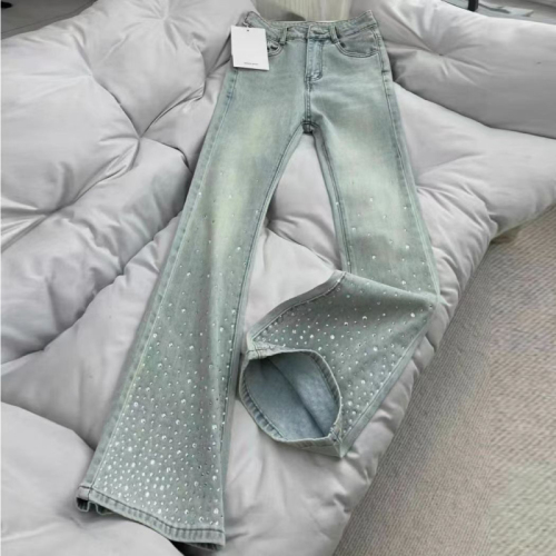 High-waisted micro-flare jeans for women, spring heavy-duty diamond horse-shoe pants for hot girls and small people, trendy hot-drilled pants