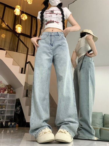 European spring new style crystal hot diamond sparkling straight jeans floor-length pants with long legs for fashionable women