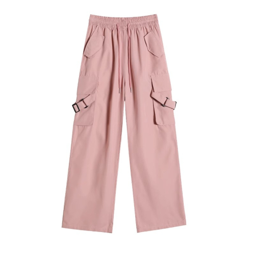 粉色工装裤女夏季薄款高腰显瘦垂感阔腿窄版休闲美式速干运动裤子