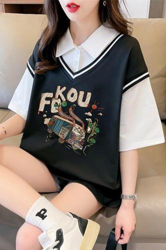 First real shot of twill pull-up fake two-piece short-sleeved T-shirt for women summer new loose top trendy brand quality