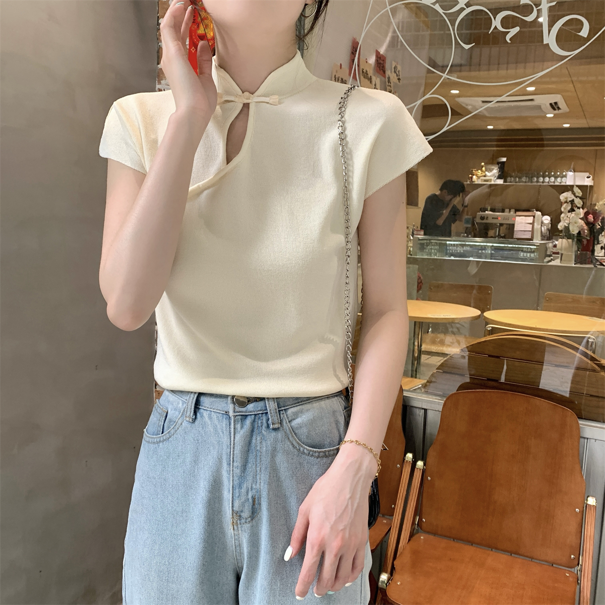 實拍 夏季韓版修身國風盤扣氣質優雅高級純色針織短袖上衣女