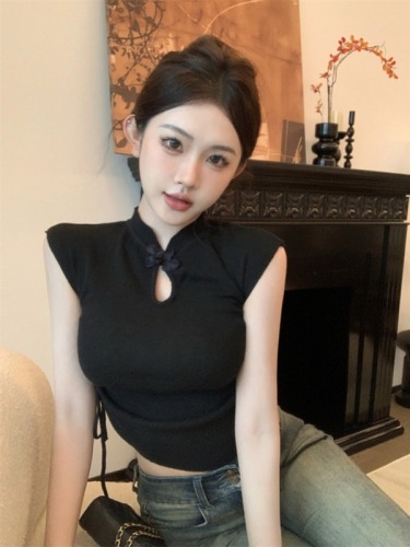 Actual shot of new Chinese style Chinese style small flying sleeve short drawstring sweater for women