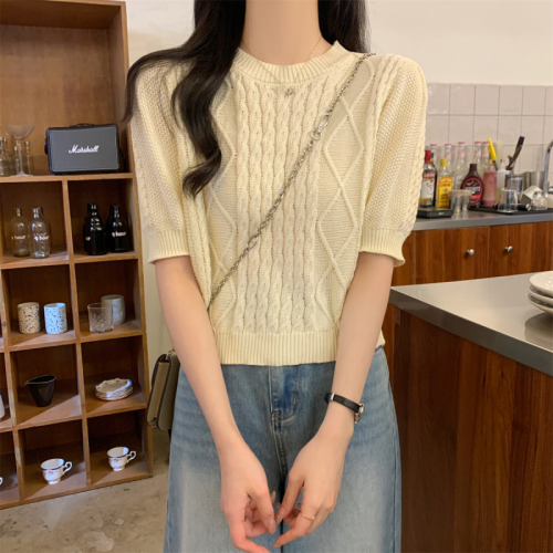 实拍 夏季韩版圆领麻花泡泡袖糖果色设计感针织短袖上衣