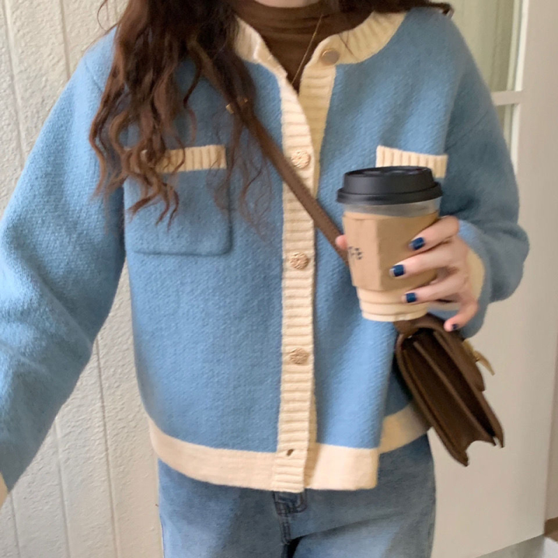 French style soft and waxy style sweater, new trendy style, feminine style, short style, color matching, small fragrant style jacket