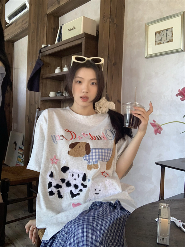 Real shot ~ American retro lazy puppy towel embroidered loose short-sleeved T-shirt top