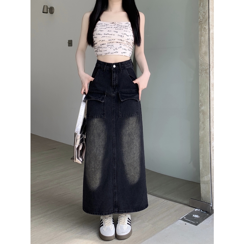 Real shot#Large size fat mm high waist slit denim skirt women's A-line skirt hip skirt small pear-shaped long skirt