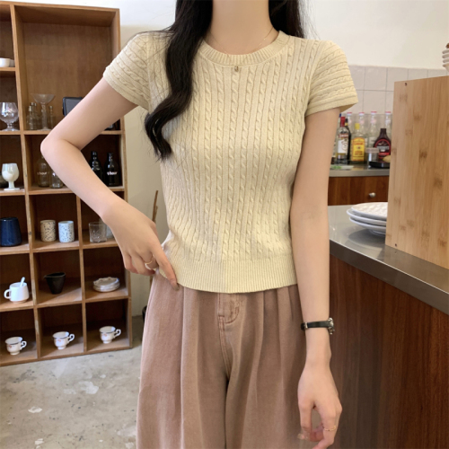 实拍 夏季韩版修身麻花设计感纯色天丝针织短袖上衣女