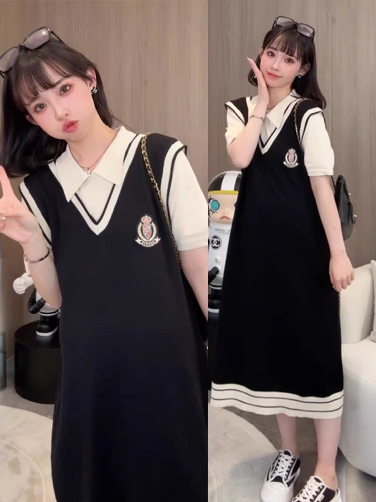夏季洋氣減齡學院風假兩件中長款背心裙2024新款寬鬆顯瘦裙子