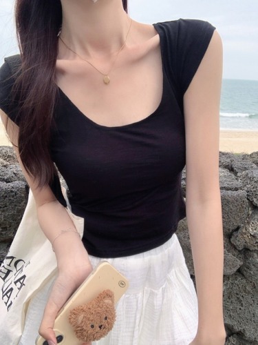 Real shot 170g bamboo cotton short-sleeved T-shirt summer 2024 Korean style women's solid color slim right shoulder short round neck top