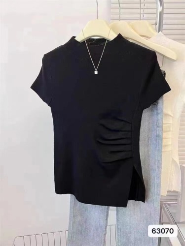 Summer new design pure lust style half turtleneck pleated slimming slit short-sleeved top for women