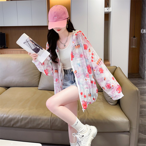 实拍 韩版大码时尚 纳米冰 2024年新款彩绘印花连帽防晒衣女潮
