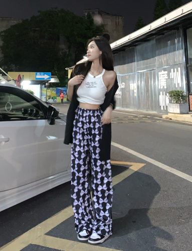 Actual shot of high-waist casual pants, loose printed drapey straight wide-leg pants