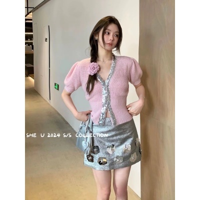 SHE U French lady style heavy industry sequined knitted cardigan 2024 spring and summer slim V-neck wool short-sleeved top
