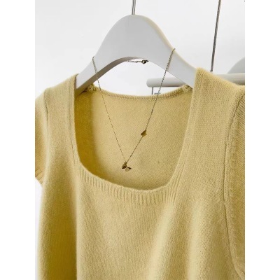 Orange square neck short-sleeved wool sweater for women early autumn 2024 new inner layered shirt sweater small flying sleeve top