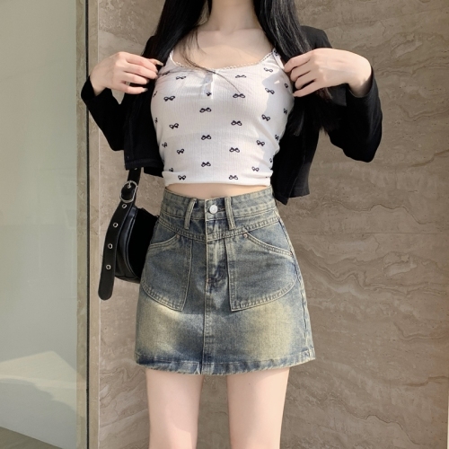 Real shot# slightly fat MM denim short skirt for women summer large size high waist slimming small A-line bag hip skirt skirt