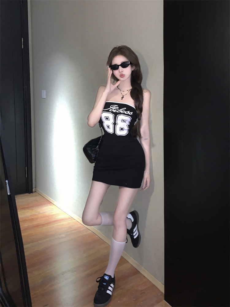 實拍 印花抹胸設計感辣妹修身顯瘦連衣裙女