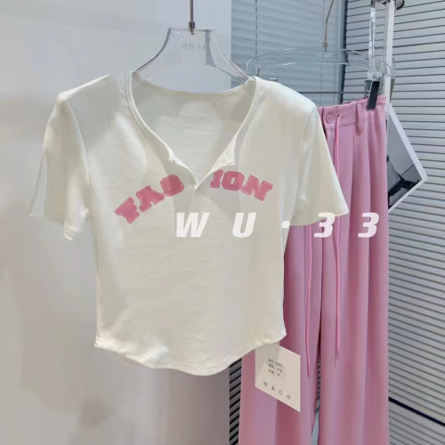 2024夏季新款韩版修身显瘦撞色字母印花v领T恤短袖内搭打底上衣女