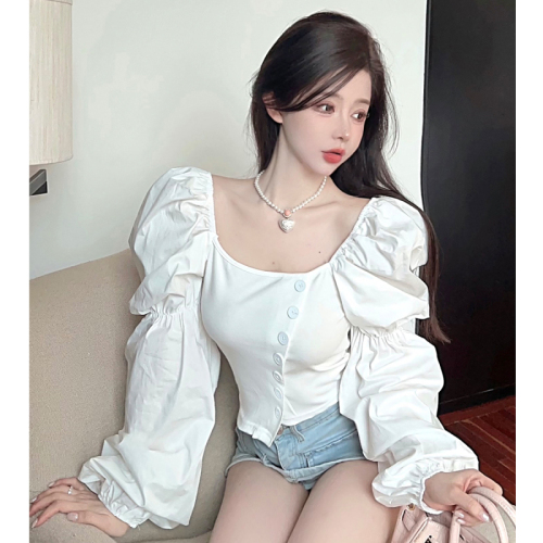 实拍韩版法式显瘦泡泡袖方领上衣性感露腰设计感短款衬衫