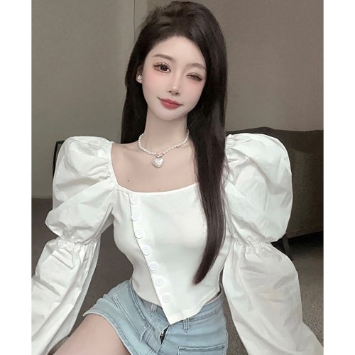 实拍韩版法式显瘦泡泡袖方领上衣性感露腰设计感短款衬衫