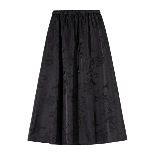Real shot of acetate ice silk skirt for women 2024 summer thin elastic waist a-line mid-length gentle temperament skirt