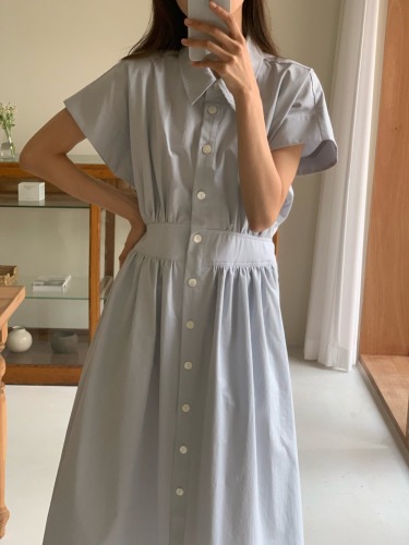 chic summer Korean style retro simple POLO collar single-breasted flying sleeve shirt dress