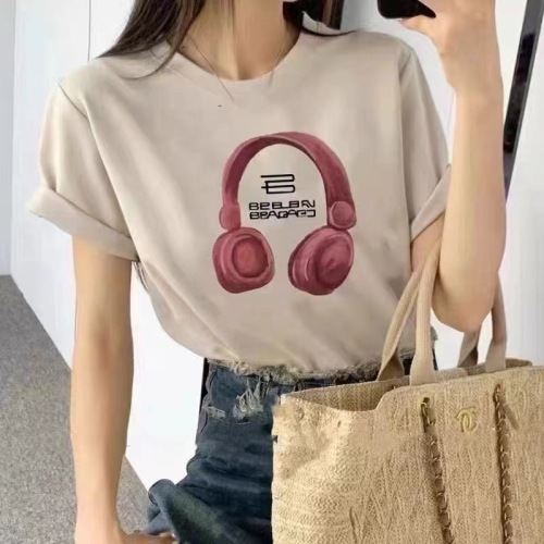 韩版时尚卡通耳机印花休闲百搭字母T恤上衣女