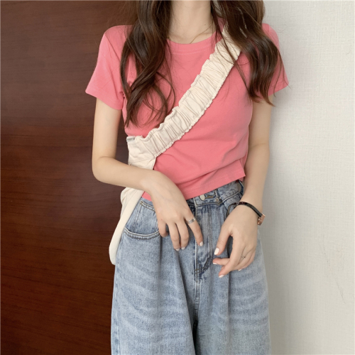 Real shot~Summer new Korean solid color basic versatile round neck T-shirt women's short-sleeved tops trendy