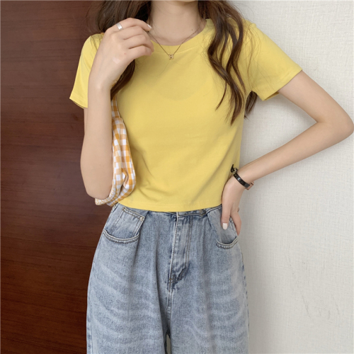 Real shot~Summer new Korean solid color basic versatile round neck T-shirt women's short-sleeved tops trendy