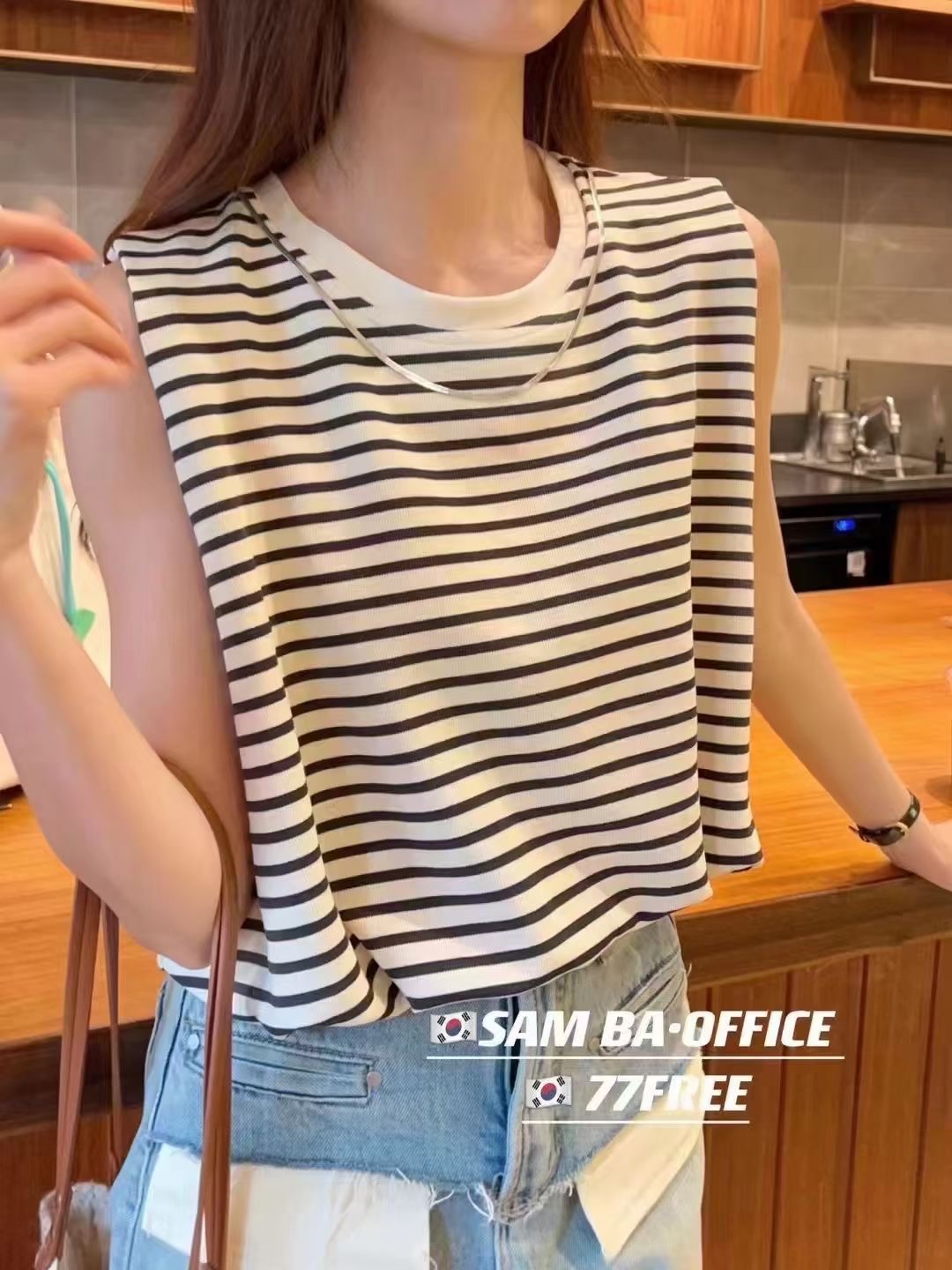無袖t恤女2024夏季新款條紋背心短款氣質鏈條坎肩上衣高級感