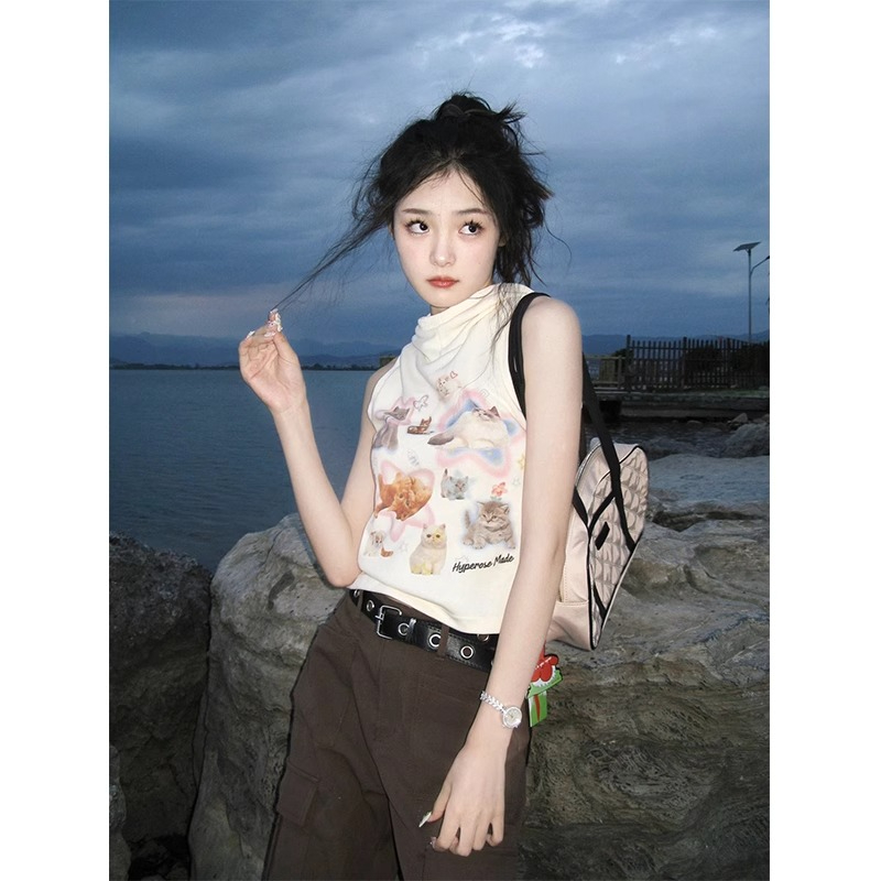 6535棉米妮250g數碼直噴背心女甜酷風無袖T恤連帽