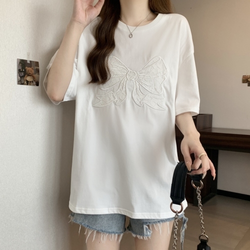 Actual shot of 21-count pure cotton high-density 2024 summer embroidered bow short-sleeved T-shirt for women