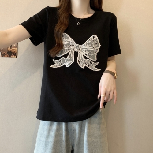 Actual shot of 21-count pure cotton high-density 2024 summer embroidered bow short-sleeved T-shirt for women