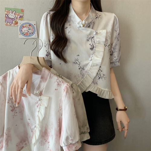 Actual shot of new Chinese style pearl button shirt design short-sleeved shirt unique short top