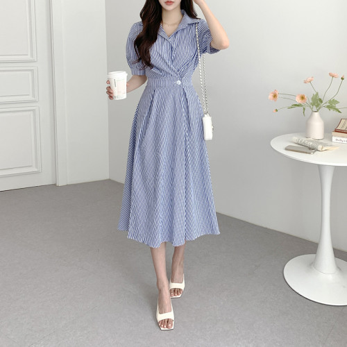 Korean chic summer new style retro elegant temperament striped shirt-style waist dress for women