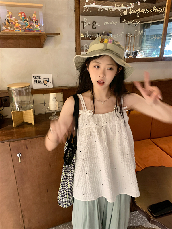 實拍白色甜美泡泡褶肌理感波點蝴蝶結吊帶上衣女
