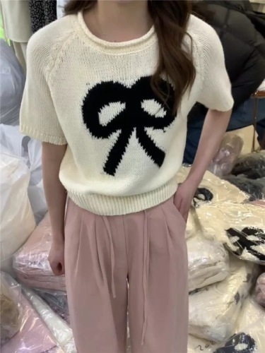 韩系撞色针织蝴蝶结圆领上衣女2024春季设计感小个子甜美短袖T潮