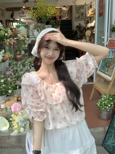 Super fairy French floral polka dot short-sleeved chiffon shirt 2024 one-line collar off-shoulder loose ruffled top real shot