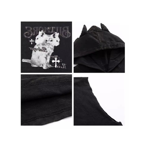 6535 stretch washed cotton dark style kitten devil hooded sleeveless T-shirt women's loose vest