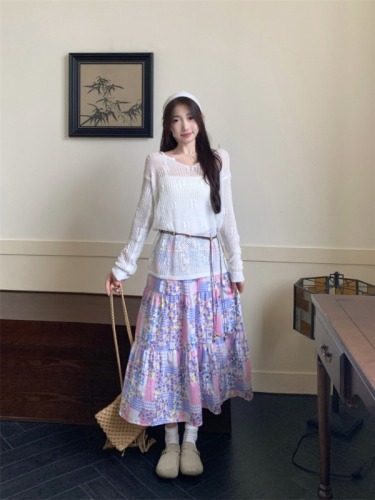 Actual shot ~ long-sleeved knitted blouse ethnic style mid-length skirt summer temperament casual fashion suit for women