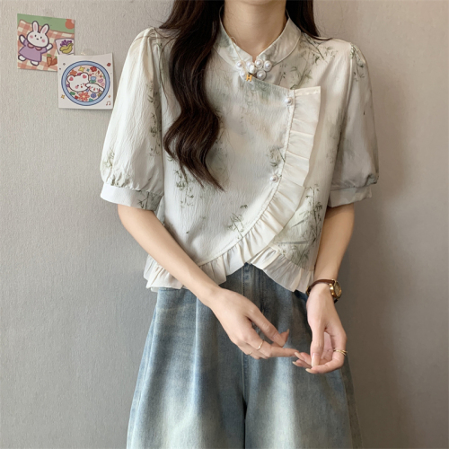 Actual shot of new Chinese style pearl button shirt design short-sleeved shirt unique short top